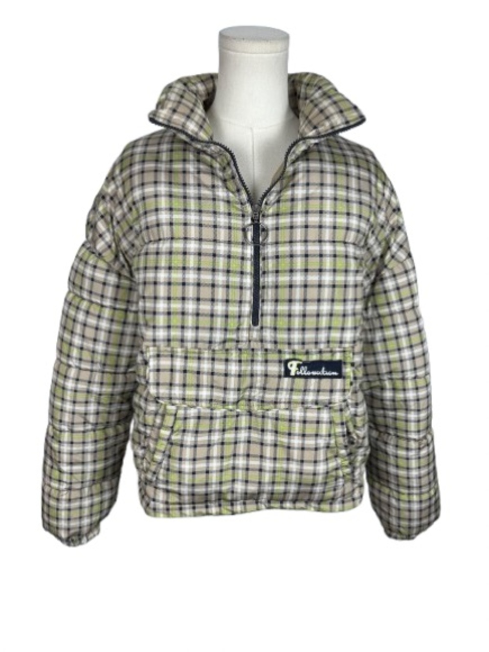 Bershka Women’s Plaid Puffer Jacket with Front Pocket - Green/Black Size M/L